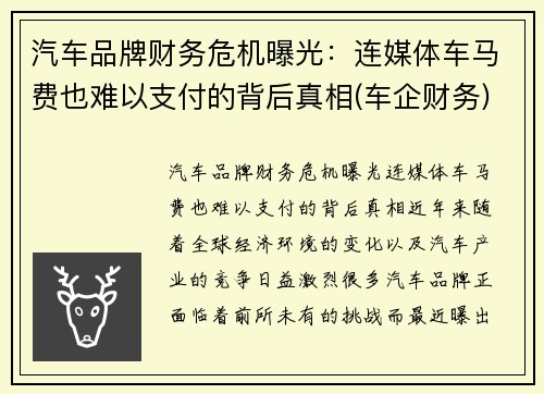 汽车品牌财务危机曝光：连媒体车马费也难以支付的背后真相(车企财务)