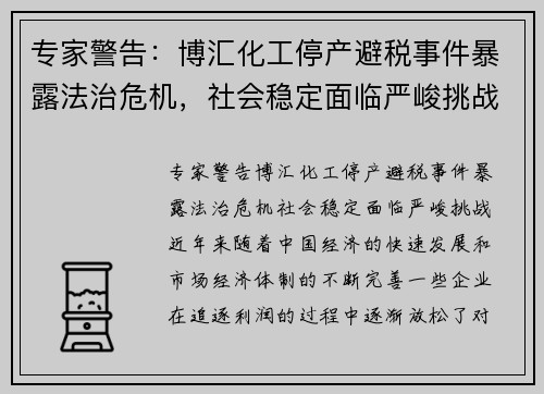 专家警告：博汇化工停产避税事件暴露法治危机，社会稳定面临严峻挑战