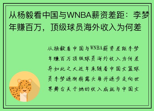 从杨毅看中国与WNBA薪资差距：李梦年赚百万，顶级球员海外收入为何差异如此之大？